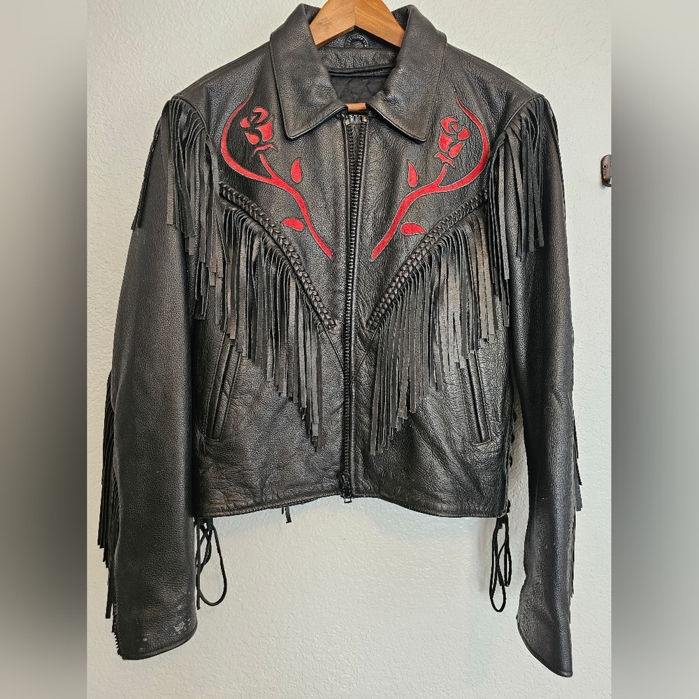 Vintage leather fringe jacket w/red rose inlay. Size large